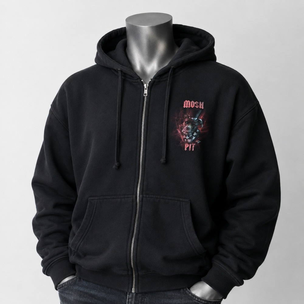 Mosh Pit Mens Black Graphic‎ Zip Up Hoodie Pitbull Top Hat Rock Metal XL